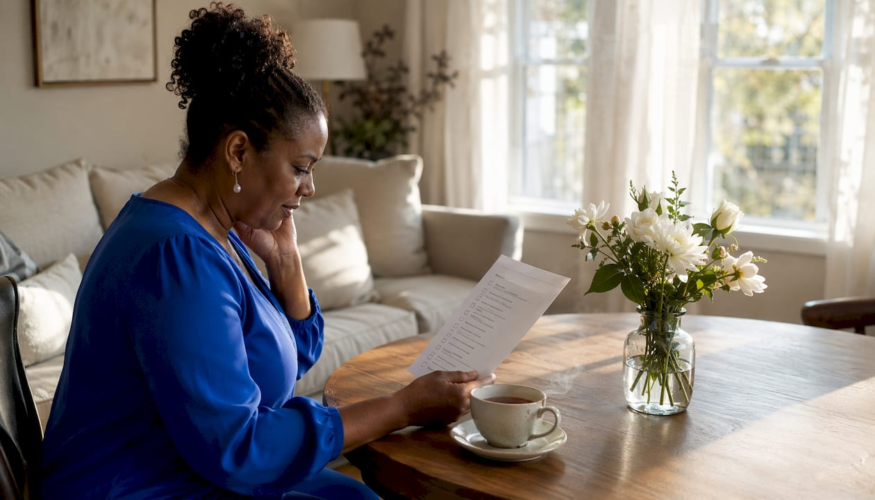 Woman reviewing wedding officiant checklist at home