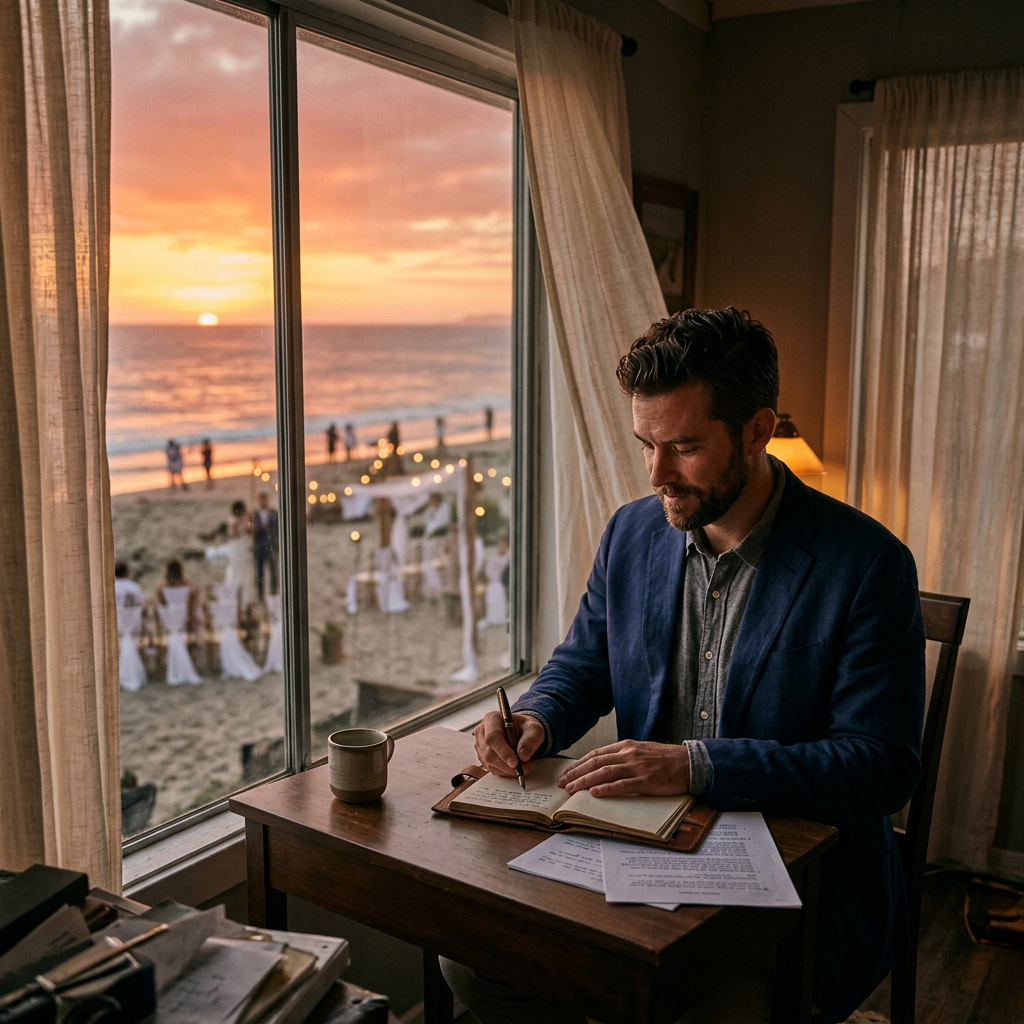 Man writing in notebook at desk inside room with beach wedding and sunset visible through window
