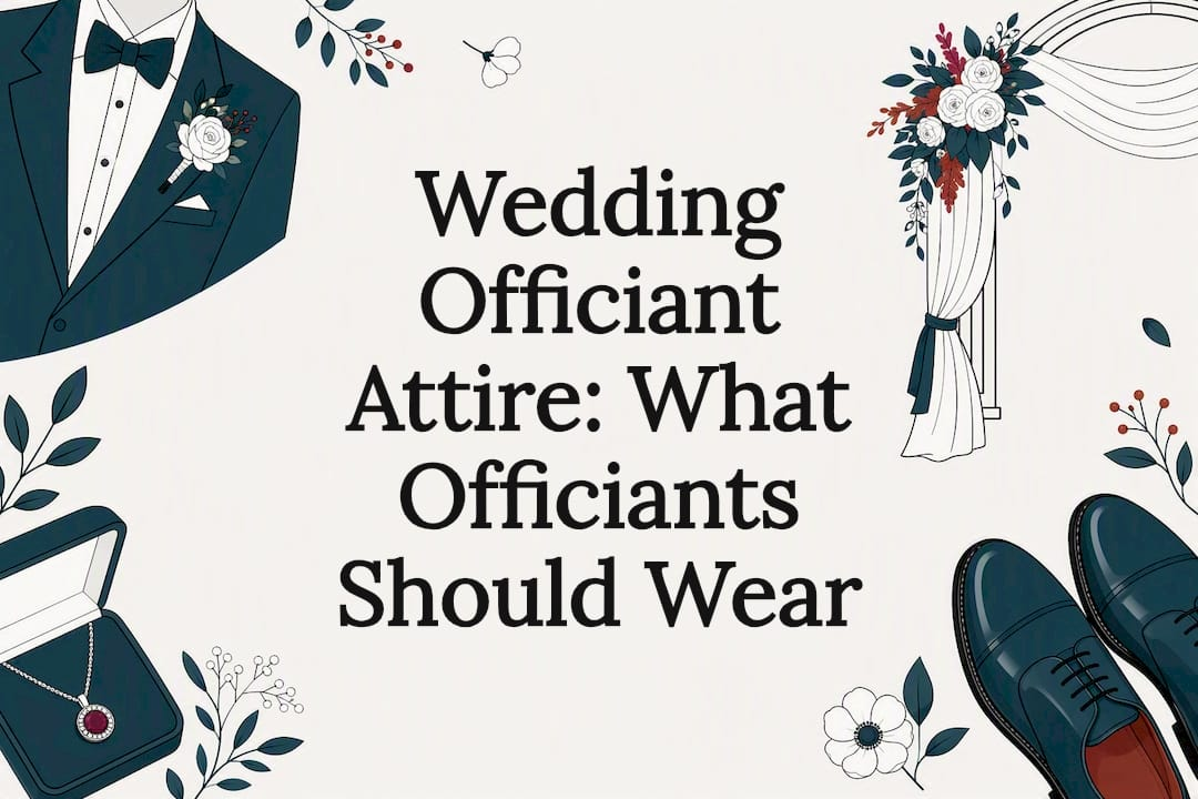 Decorative title card illustration for wedding officiant attire article