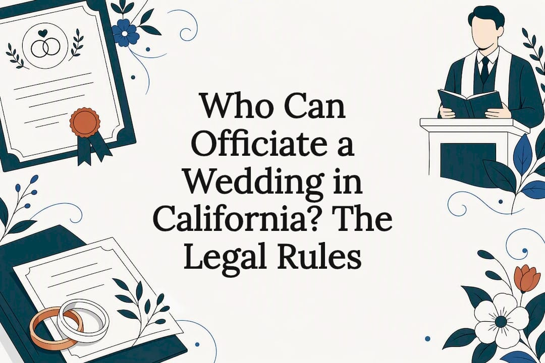 Decorative title card illustration for wedding officiant legal rules article