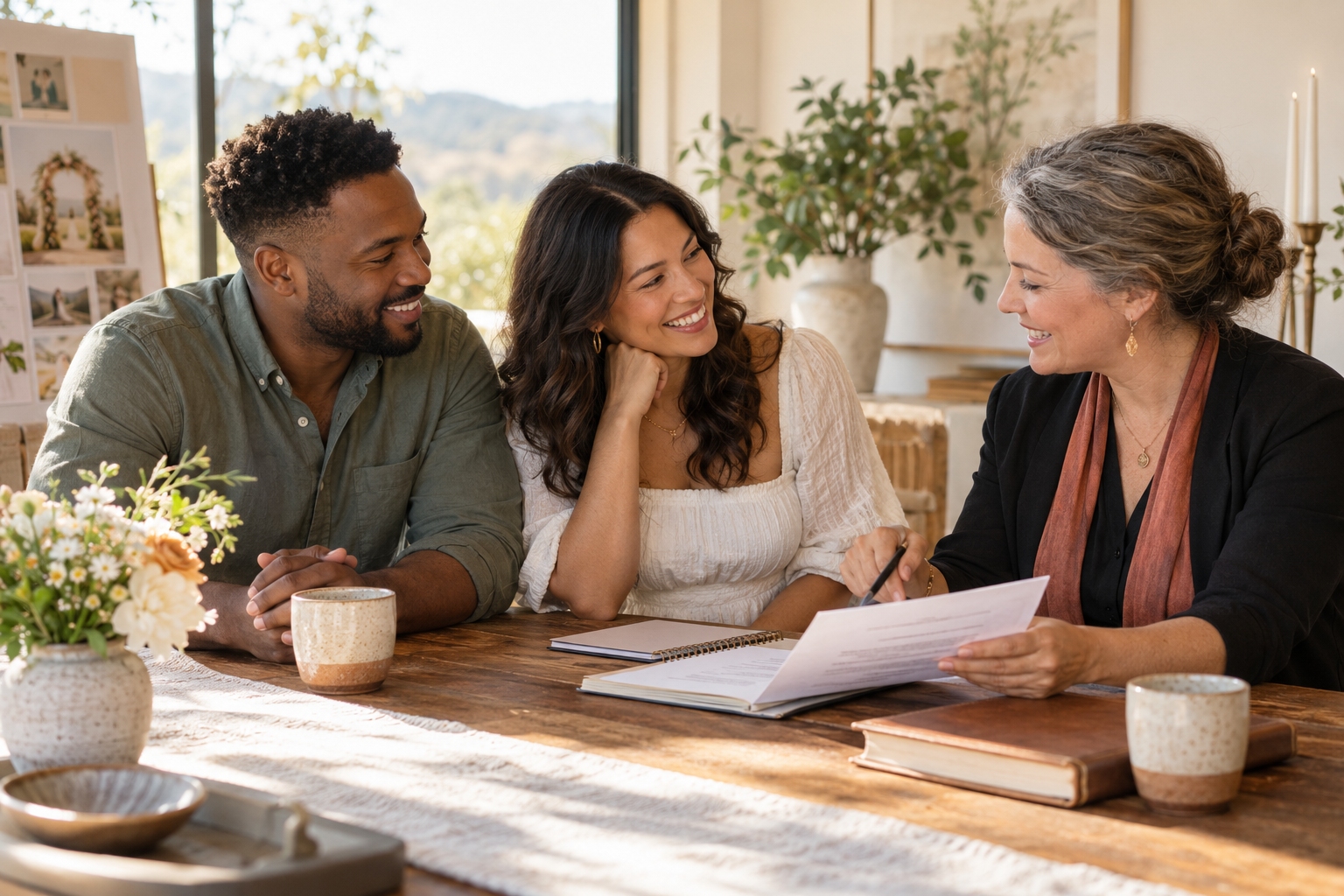 Wedding officiant reviewing a ceremony questionnaire with an engaged couple